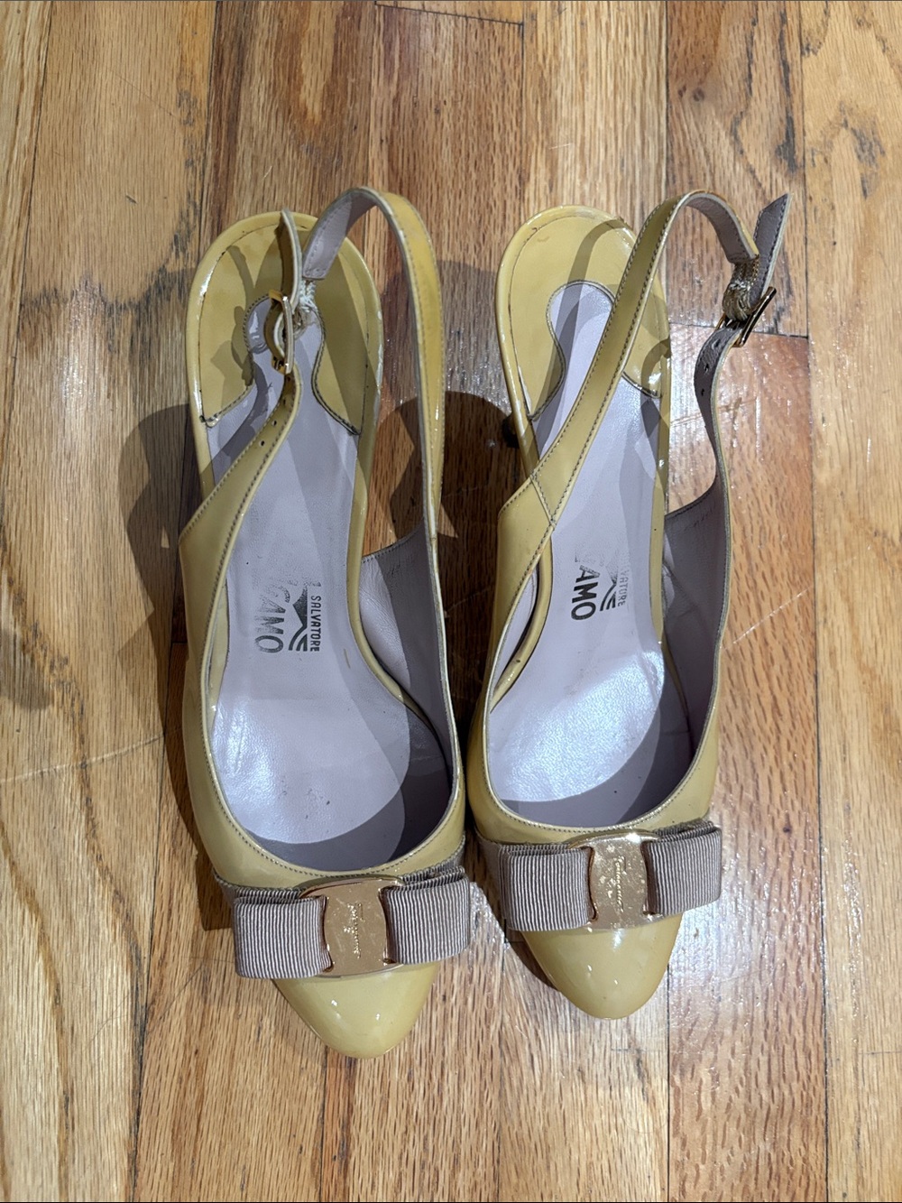 Salvatore Ferragamo Yellow Patent Slingback Pumps with Bow Accent